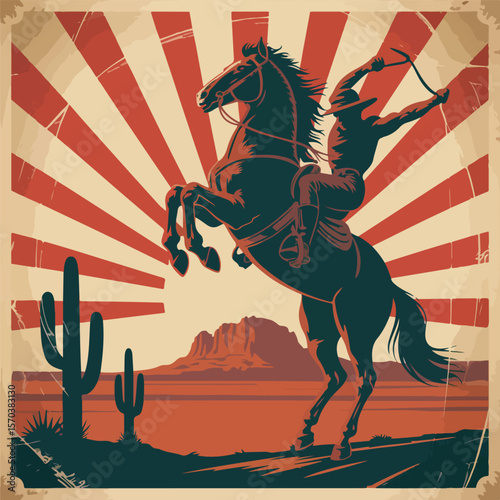 Vintage Rodeo Cowboy Poster with Sunburst Background and Horse Silhouette

