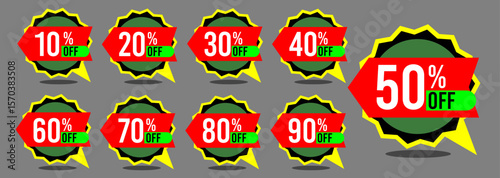10% off 20% off 30% off 40% off 50% off 60% off 70% off 80% off 90% off ten twenty thirty forty fifty sixty seventy eighty ninety percent off, retail discount, promotion, sale, percentage, set.