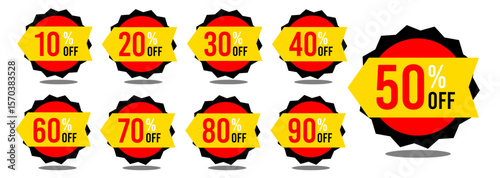 10% off 20% off 30% off 40% off 50% off 60% off 70% off 80% off 90% off ten twenty thirty forty fifty sixty seventy eighty ninety percent off, retail discount, promotion, sale, percentage, set.