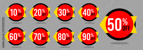 10% off 20% off 30% off 40% off 50% off 60% off 70% off 80% off 90% off ten twenty thirty forty fifty sixty seventy eighty ninety percent off, retail discount, promotion, sale, percentage, set.	