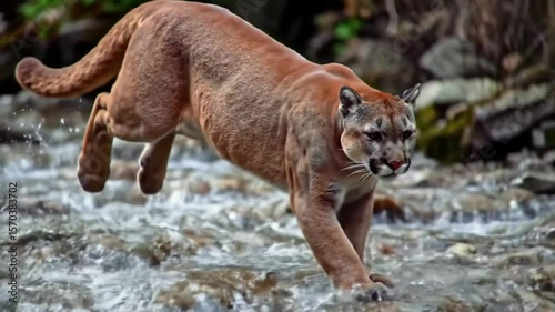 Cougar Leaping Over Forest Stream in Wildlife Scene