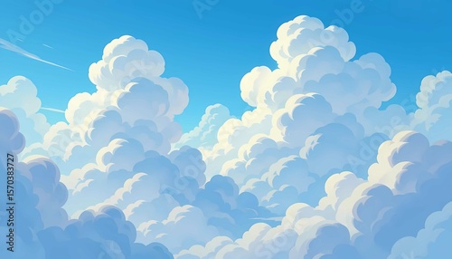 Cloud illustration with fluffy, soft shapes in a bright blue sky, peaceful, dreamy, and serene atmosphere
