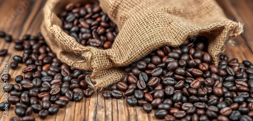 Close-up of burlap sack overflowing with dark roasted coffee beans on rustic wooden table,  background,  robusta