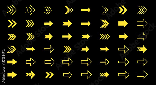 Assorted Directional Arrows in Yellow on Black Background | Vector Arrow Collection for Navigation, Graphic Design, and UI Elements