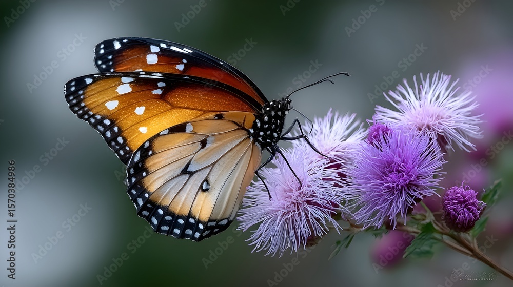 Fototapeta premium Butterfly feeding purple flower, garden bokeh background, nature photography