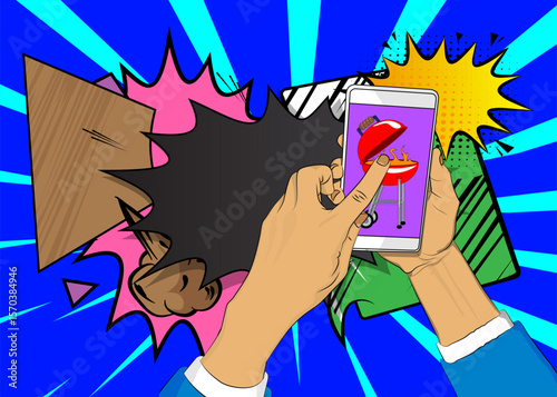 Cartoon Smartphone, comic book Telephone with Burning wood in barbeque grill. Retro vector comics pop art design.