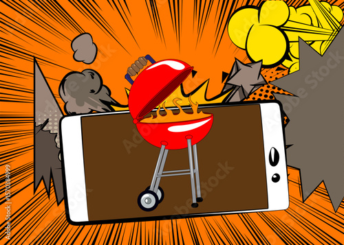 Cartoon Smartphone, comic book Telephone with Burning wood in barbeque grill. Retro vector comics pop art design.
