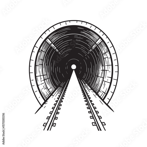 A black and white illustration depicting a railway tunnel with tracks leading into darkness