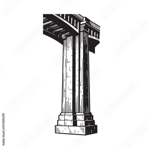 Architectural illustration of bridge support featuring classical design and detailed engraved style