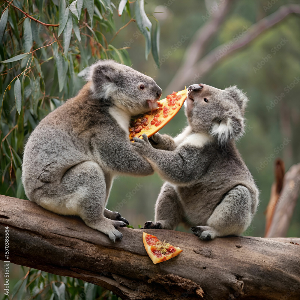 Naklejka premium koala couple holding pizza slices lovingly