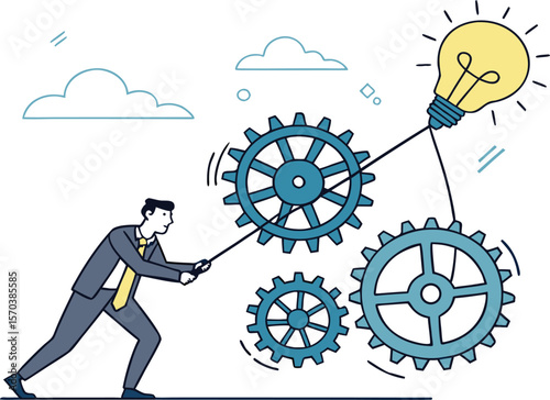 Businessman operating gears connected to a bright idea lightbulb suit cogwheels