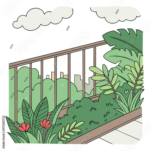 A charming hand drawn illustration of a balcony garden with lush green plants and flowers overlooking a cityscape on a rainy day