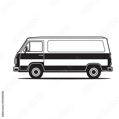 Black and white illustration of a classic vintage delivery van isolated on white background