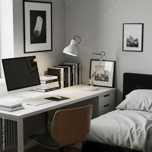 Monochrome Workspace in Small Bedroom Interior
