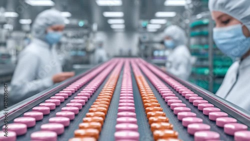 Wallpaper Mural A pharmaceutical production line with pink and orange pills being monitored by workers in protective gear and masks in a sterile factory environment. Torontodigital.ca