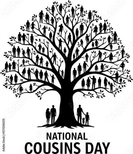 Family Tree Silhouette with People on Branches for Cousins Day