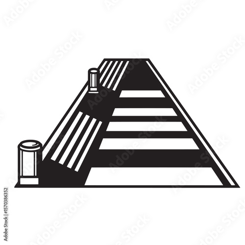 Black and white vector illustration of a pedestrian crossing with supporting bollards