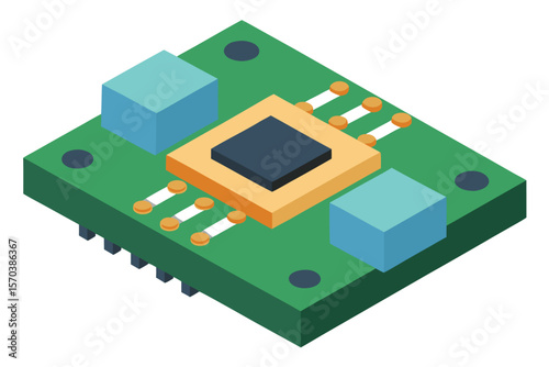 Isometric illustration of a modern electronic circuit board with integrated components