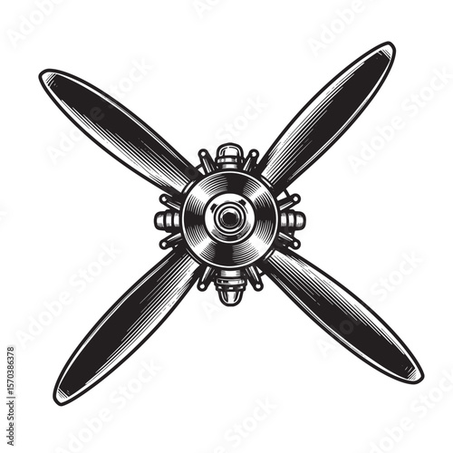 Classic airplane propeller illustration in detailed black and white engraved style