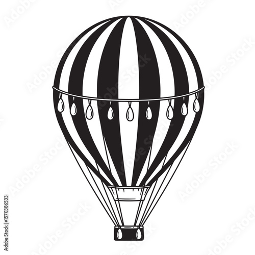 Classic black and white hot air balloon design in vintage style with striped pattern and hanging elements