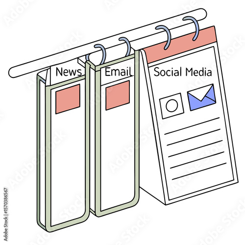 Illustration of three hanging documents or pages labeled news email and social media representing communication channels and information sources