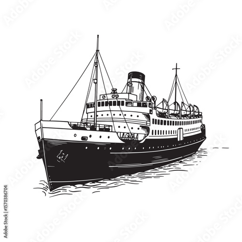 Classic vintage cruise ship illustration traveling on the ocean in black and white style