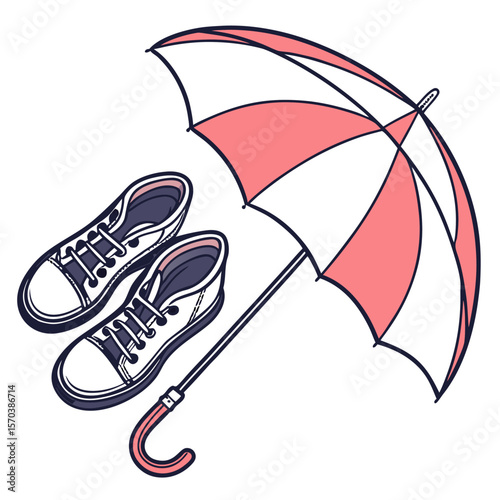 A pair of white canvas sneakers with navy blue laces and trim are placed next to a partially opened pink and white striped umbrella on a white background
