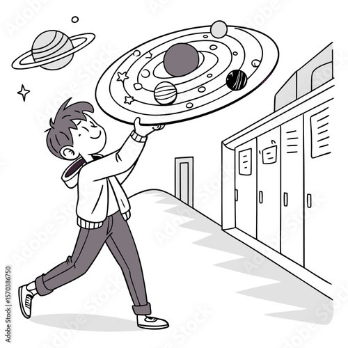 Young boy proudly holding a model of the solar system with planets and stars in a school hallway with lockers