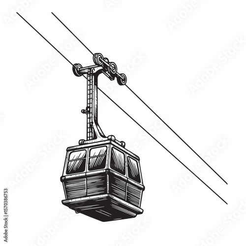 Detailed black and white engraving of a cable car transportation vehicle illustration
