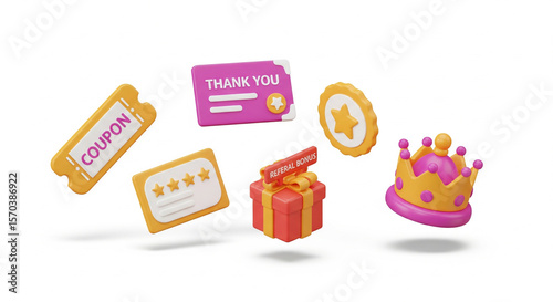 3D rendered collection of marketing and reward icons including a coupon, thank you card, referral bonus, and crown
