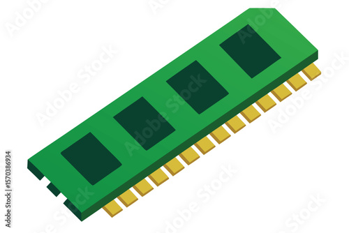 Green computer ram module with gold connectors on white background