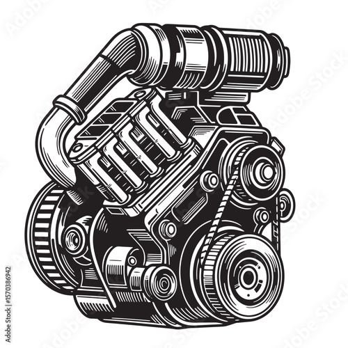 Detailed black and white illustration of a high performance internal combustion engine