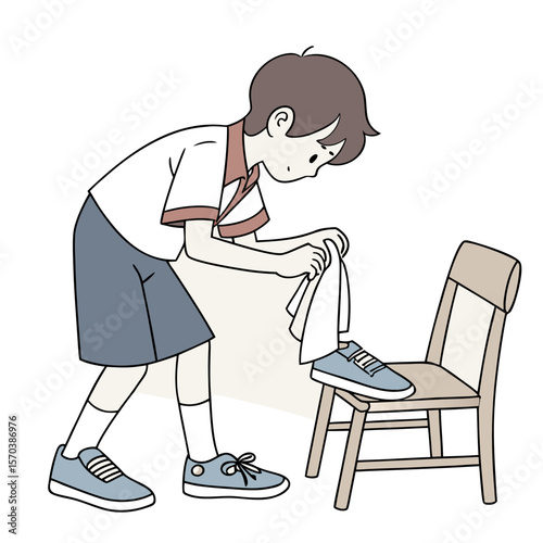 A young boy wearing a white shirt and blue shorts is carefully cleaning his blue sneakers with a white cloth while sitting on a wooden chair