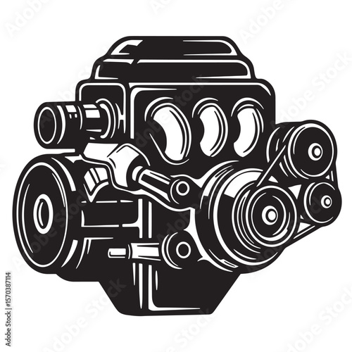 Detailed black and white illustration of a powerful automotive engine component