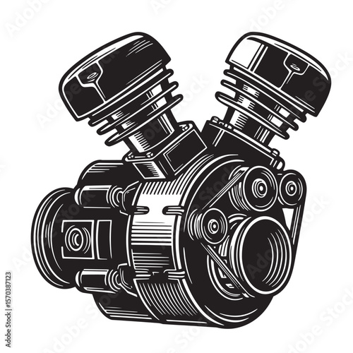 Detailed black and white illustration of a powerful motorcycle engine with belt driven design