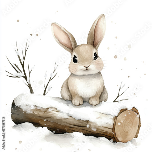 Watercolor Bunny Resting on SnowCovered Log in Winter