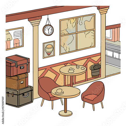 Cozy waiting area with stacked vintage luggage comfortable chairs round tables with cups and a world map on the wall evoking travel and relaxation