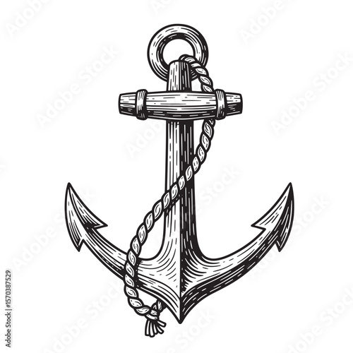 Detailed engraved illustration of a classic anchor with a nautical rope on a white background