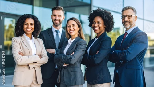 Diverse Business Professionals Team Standing Confidently Outside Modern Office Building