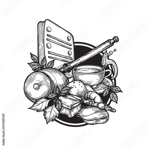 Detailed engraved illustration of coffee break with pastries and baking tools