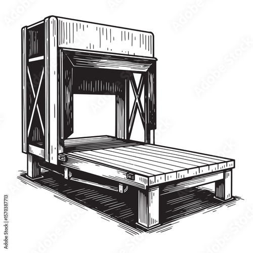 Detailed hand drawn illustration of a vintage industrial platform lift in monochrome style