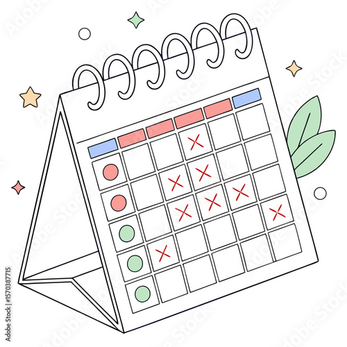 Desktop calendar with red crosses and green circles on dates indicating appointments or tasks completed and missed deadlines with decorative stars and leaves
