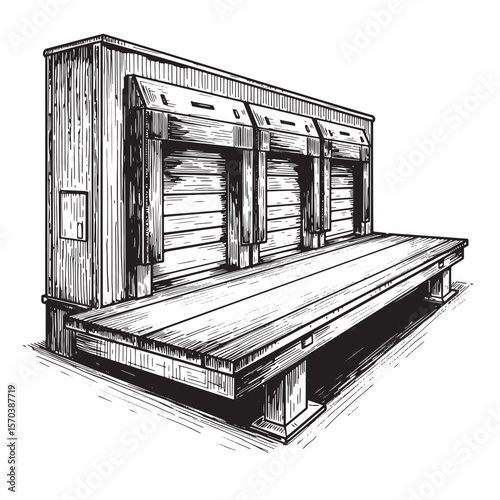 Detailed hand drawn illustration of a rustic loading dock for logistics and transportation