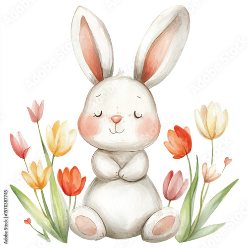 Watercolor Bunny with Closed Eyes and Colorful Tulips in Springtime