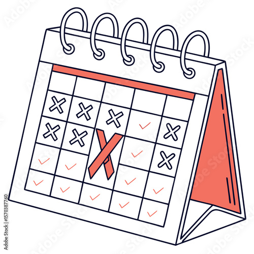 Desktop calendar with a grid of marked days showing xs and checkmarks representing a schedule or planner