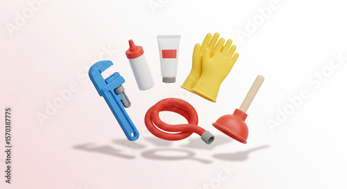 3D rendered collection of colorful plumbing tools including a wrench, plunger, and gloves, floating in a clean space