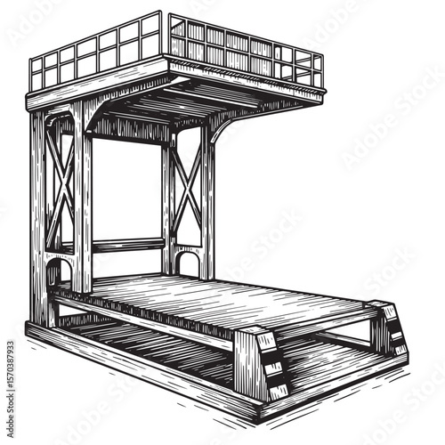 Detailed illustration of a vintage industrial crane platform with woodcut style