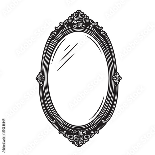 Elegant oval mirror with ornate frame in black and white vector illustration