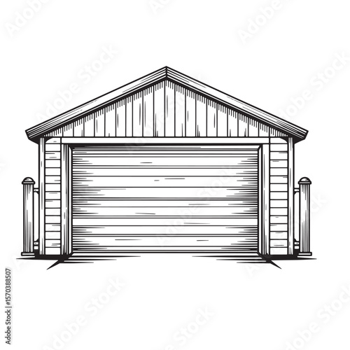 Hand drawn illustration of a garage building with detailed wood grain design and roll up door