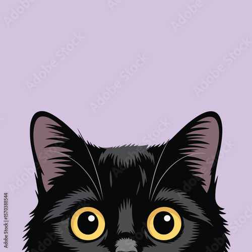 Black cat peeking with yellow eyes ears
